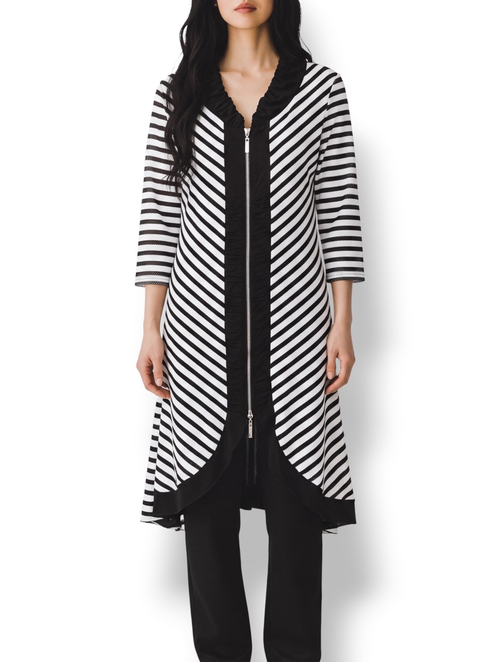 4/$20 Dzhavael Couture XL Mesh Stripe Zip Front Longline Jacket Ruffle Collar